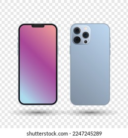 Plantilla de simulación de smartphone, frontal y posterior de teléfono móvil, ilustración vectorial.
