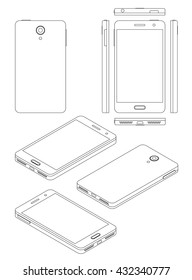 Smartphone mock-up in thin line style, isometric view, back, front and all sides, line thickness is adjustable