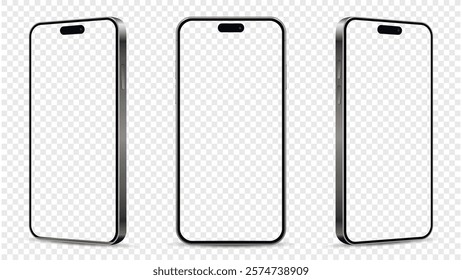 Smartphone mockup with transparent screen isolated on transparent background. Detailed mobile phone template front view
