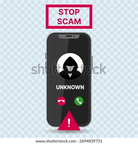Smartphone Mockup with Unknown Call Alert and Stop Scam Warning Screen