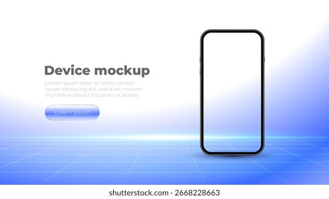 Vector de maqueta de teléfono inteligente con diseño moderno, dispositivo de marco negro sobre fondo azul degradado. presentación de App, escaparate de interfaz de usuario, Anuncio de Sitio web, Plantilla publicitaria, pantalla digital del producto.
