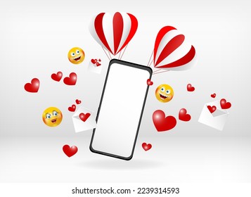 Smartphone mockup in vertical orientation floats on air balloons with flying hearts and envelopmens isolated on white background. Editable abstract 3D Vector illustration