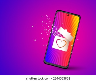 Smartphone mockup in vertical orientation and open gift box with flying romantic hearts on purple background. Editable abstract 3D Vector illustration for design.