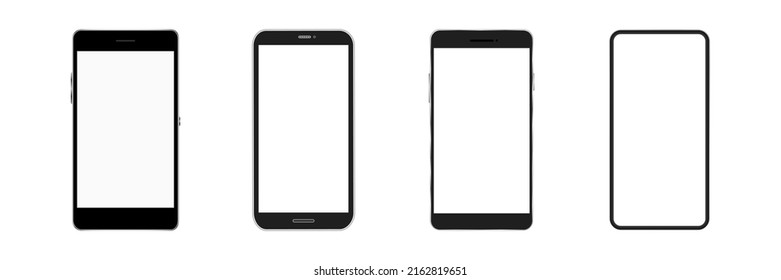 Smartphone mockup with white empty screen set. Realistic black mobile phones frames. Vector isolated on white.