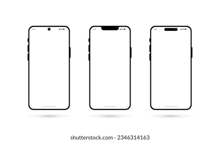 Smartphone mockup white screen. Mobile phone 3 style camera. Vector illustration.