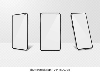 Smartphone mockup with white screen. Mobile phone from different angles isolated on a white background. Vector illustration.