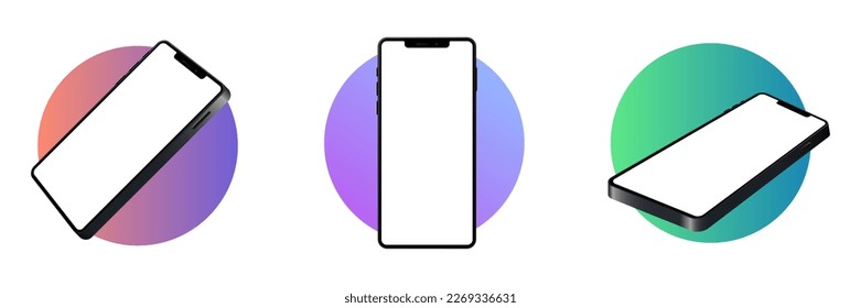 Smartphone mockup with white screen on the gradient cirkle. Template for infographics or presentation. 3D realistic phones set. Vector illustration isolated on white background. EPS 10