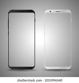 Smartphone mockups black and white transparent display screen. Realistic vector illustration for easy place demo on screen.