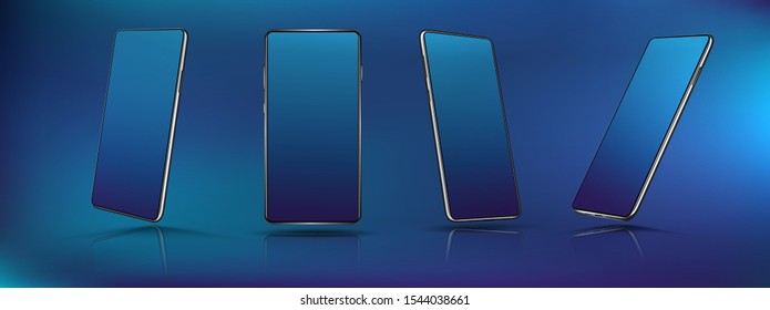 Smartphone mockups for presentation with isometric position with shadow and reflection from a smooth surface. 3D realistic phones in perspective. UI, UX, KIT, cell phone set. Vector mobile phones set