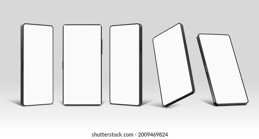 Simulaciones con smartphone. Plantilla de dispositivo móvil 3d realista con pantalla en blanco. Teléfono móvil delante, perspectiva y ángulo de vista conjunto de vector. Ilustración de la pantalla de smartphone y teléfono celular de imitación