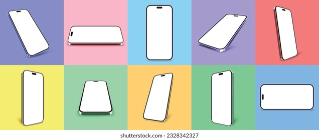 Smartphone-Spocks. Realistische 3D-Handy-Frames mit Schatten, einzelne FarbHandy-Gerät auf buntem Hintergrund, Vektorgrafik-Template-Set. Minimalistisches Gadget-Design mit leerer Anzeige