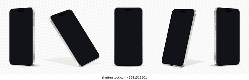 Smartphone mockups, set of mobile phones in different angles isolated on transparent background