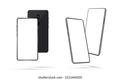 Smartphone Mockups with white blank screen, frontal and rotated positions. Mobile phones wireless communication, isolated. 3D realistic template UI,UX,KIT for presentation. Vector cell phone set