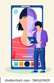 Smartphone with modern application. Interface for taking portrait and selfie for social network. Man standing with laptop in hands and picture of woman before and after adding filters on background