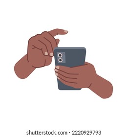Smartphone modern electronic device with big screen. Cell phone with cameras, hand holding new gadget, using and tapping. Vector in flat cartoon style
