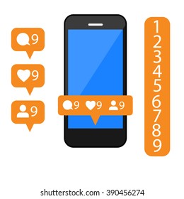 smartphone with modern like, follower, comment icons on white background
