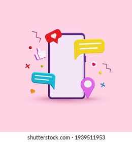Smartphone with modern trendy color and social network icons 3d vector. Abstract social media and technology at pastel color background