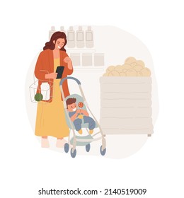 Smartphone mom isolated cartoon vector illustration. Mom walking in grocery store, looking in smartphone, screen addiction, child sitting in stroller, scrolling social media vector cartoon.