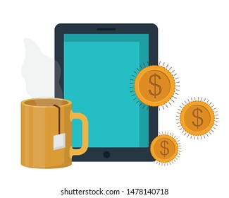 smartphone with money around in white background