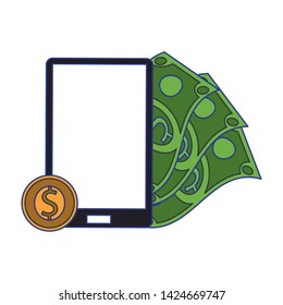 Smartphone and money coin and cash symbol vector illustration graphic design