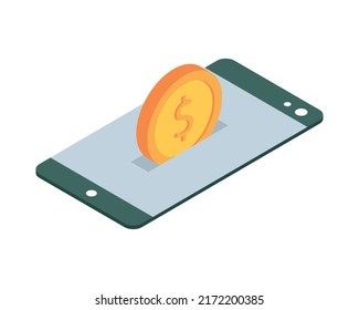 smartphone with money coin icon isometric