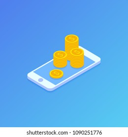 Smartphone and money coins. Isometric style. Vector illustration background