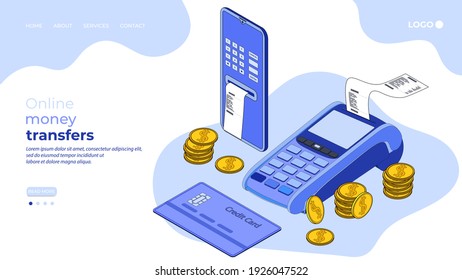 Smartphone ,money, credit card, and payment terminal.The concept of mobile payments and online money transfers.Pakokku and pay online via the Internet.3D image.The landing page template.