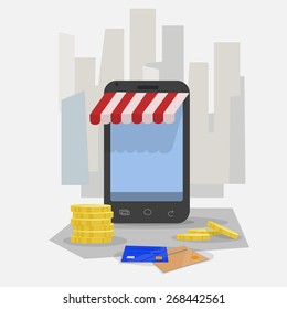 Smartphone with money and credit cards to make online before purchase. Computer simulating a physical store.