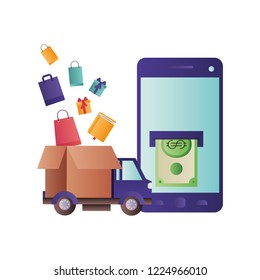 smartphone with money and delivery car