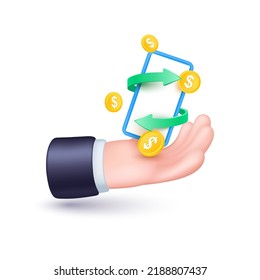 Las monedas de oro en dólares de Smartphone y dinero en mano aisladas en fondo blanco. Cambio de divisas en banca de telefonía móvil. Concepto de pago en línea. Icono mano Icono 3D Vector EPS10 ilustración.