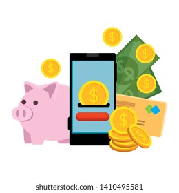 smartphone with money dollars and piggy