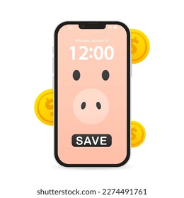 Smartphone, money goes to a piggy bank. Piggy bank in the form of a pig, telephone and a pig. Saving or accumulating money, financial services, mobile application. Vector illustration
