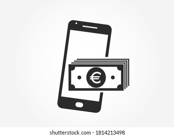 smartphone money icon. euro banknote stack on mobile phone. e payment, financial symbols for web design