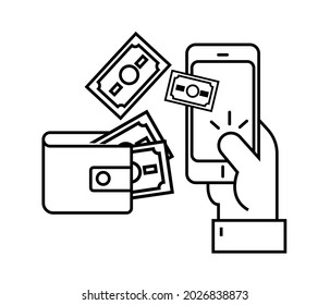 Smartphone and money icon. Online web wallet symbol, vector in outline style on white background. Money transfer sign for mobile concept and web design. Vector graphics.
