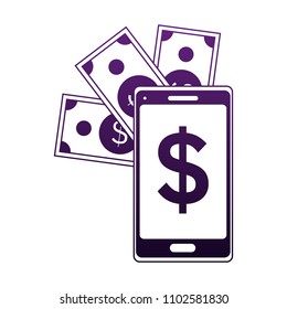 Smartphone and money in purple lines