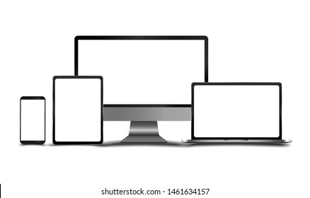 Smartphone, monitor, laptop, tablet modern mockups with blank frameless screens on white background vector design.