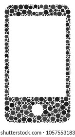 Smartphone mosaic of filled circles in variable sizes and color tints. Round dots are united into smartphone vector illustration. Vector design concept.