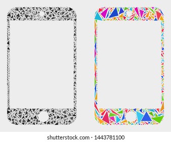 Smartphone mosaic icon of triangle elements which have various sizes and shapes and colors. Geometric abstract vector illustration of smartphone.