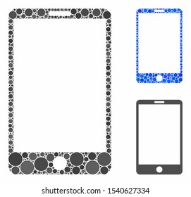Smartphone mosaic of round dots in different sizes and color tinges, based on smartphone icon. Vector round dots are combined into blue composition. Dotted smartphone icon in usual and blue versions.