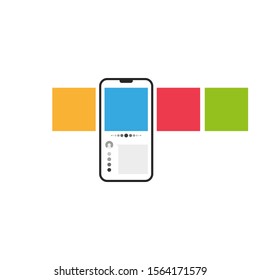 Smartphone with multicolored square web carousel post interface mockup on social network app concept. UI photo frame vector illustration.