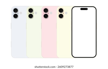 Smartphone in Multiple Colors with Front and Dual Rear Camera View. Blank Mockup Isolated on White Background