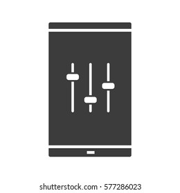 Smartphone music equalizer glyph icon. Silhouette symbol. Smart phone preferences. Negative space. Vector isolated illustration