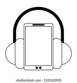 smartphone with music headphones in black and white