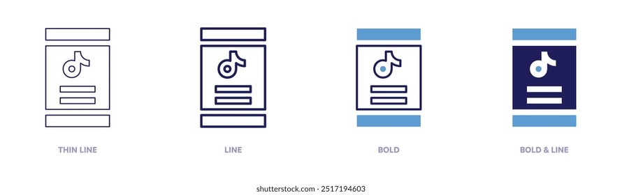 Smartphone music icon in 4 different styles. Thin Line, Line, Bold, and Bold Line. Duotone style. Editable stroke.