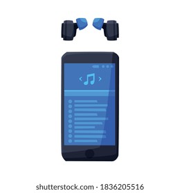 Smartphone with Music Media Player Interface and Headphones Vector Illustration on White Background