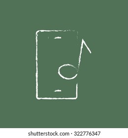 Smartphone with music note hand drawn in chalk on a blackboard vector white icon isolated on a green background.