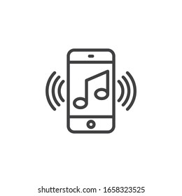 Smartphone with music note line icon. Ringing phone linear style sign for mobile concept and web design. Cell Phone sound vibration outline vector icon. Symbol, logo illustration. Vector graphics