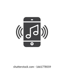 Smartphone with music note vector icon. Ringing phone filled flat sign for mobile concept and web design. Cell Phone sound vibration glyph icon. Symbol, logo illustration. Vector graphics