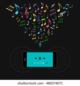 Smartphone with music player and colorful notes. Vector illustration.