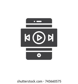Smartphone with music player icon vector, filled flat sign, solid pictogram isolated on white. Symbol, logo illustration.